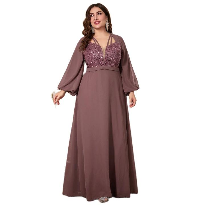 Vestido Largo De Talla Grande Para Mujer Unithorse Con Cuello En V Mangas Lanternas Y Parches De Lentejuelas En Chiffon Estilo Formal