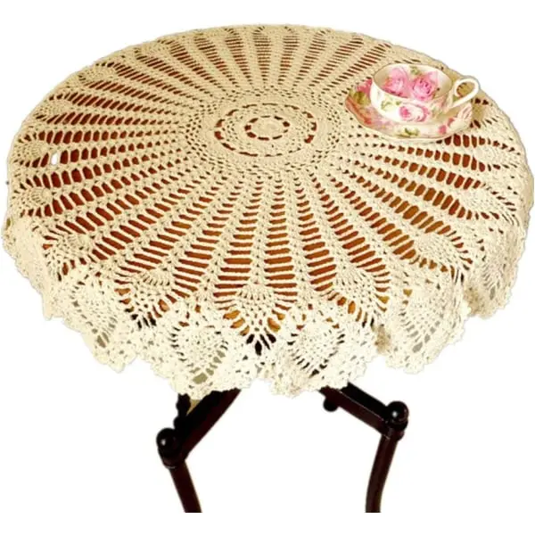 Mantel retro, Redondo, de encaje, hecho a mano, de anclaje, de Algodón, Mantel/Funda, 65-70 cm, Algodón, beige, 65-70 cm Redondo, beige - 1