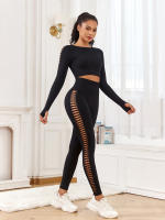 CHRLEISURE Conjunto De Yoga Para Mujer 2 Piezas Sin Costuras Top Deportivo Con Hollow Y Leggings De Entrenamiento Elásticos - details 2