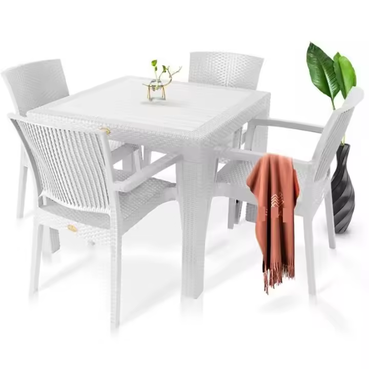 Mesa MIJAS, polipropileno blanco, 90 x 90 cms + 4 SILLAS Mesa de diseño, imitación a rattán, polipropileno de color blanco, 90 x 90 cms. Otros colores y medidas disponibles. Silla y sillón a juego - 1