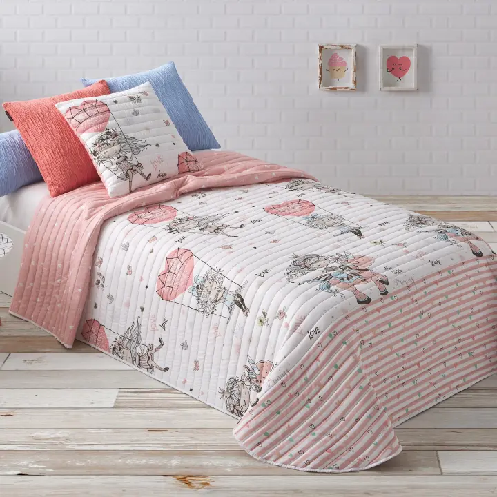 Manterol - Colcha bouti infantil reversible unicornios color rosa. Cubrecama ideal para primavera, verano y entretiempo. Colcha fina, extra suave y ligera. - 1