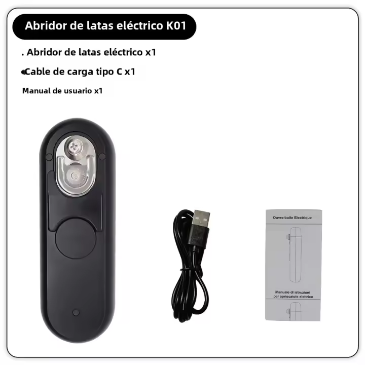 DEEWAZ Abrepatas Eléctrico Recargable Para Lata De Alimentos Automático Y Eco-amigable Con Cabezal De Acero Inoxidable Negro - 1