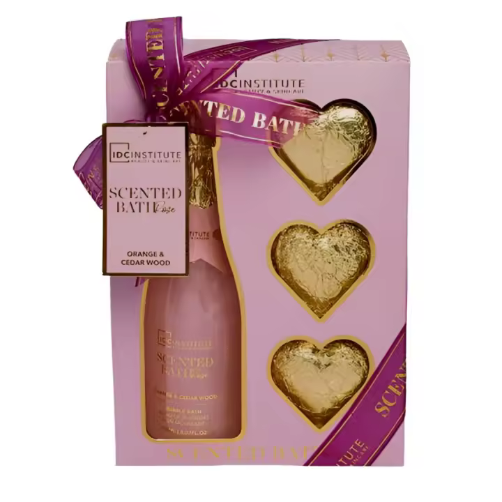 Set Regalo Rose Champagne IDC Institute – 4 Piezas: Espuma de Baño y Tres Bombas con Fragancias de Naranja y Madera de Cedro - 1