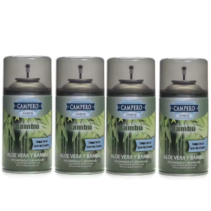 CAMPERO Tronic Luxury, Ambientador Bambú y Aloe Vera En Aerosol 250ml, Pack 4 Recambios, Dosificador Automático, Apto Para Todos Los Difusores Del Mercado, Aroma Intenso y Duradero - 1