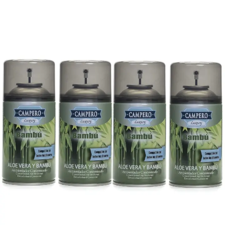 CAMPERO Tronic Luxury, Ambientador Bambú y Aloe Vera En Aerosol 250ml, Pack 4 Recambios, Dosificador Automático, Apto Para Todos Los Difusores Del Mercado, Aroma Intenso y Duradero - 1