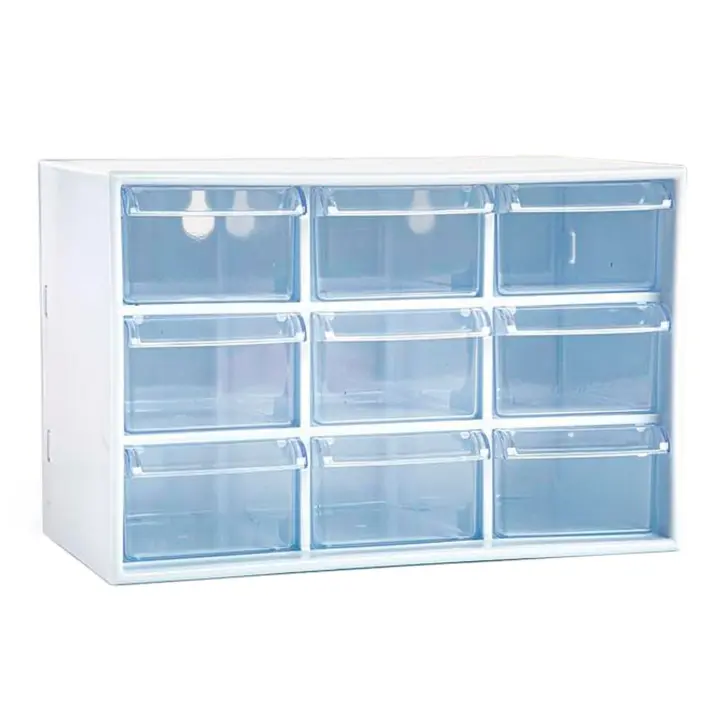 Tradineur - Organizador multiusos de plástico, 9 cajones, clasificador apilable, tornillos, tuercas, botones, piezas pequeñas, bricolaje, fabricado en España (Blanco - 18,5 x 10 x 12 cm) - 1