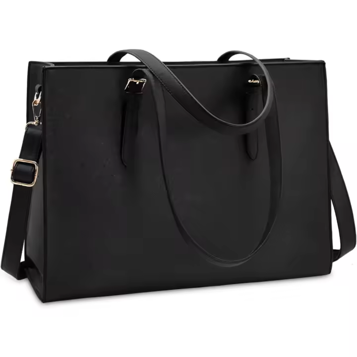 Bolso para computadora portátil para mujer, impermeable, ligero, de cuero, de 15,6 pulgadas, bolso de mano para computadora, maletín de oficina, bolso de mano de gran capacidad, bolso de hombro, negro - 1