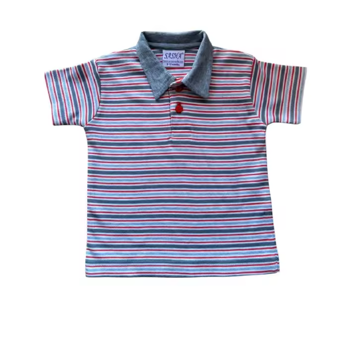 Sandra Adrubau | Camiseta de manga corta de rayas en rojo y gris para bebé niño - 100% algodón con botones rojos y cuello camisero - 1