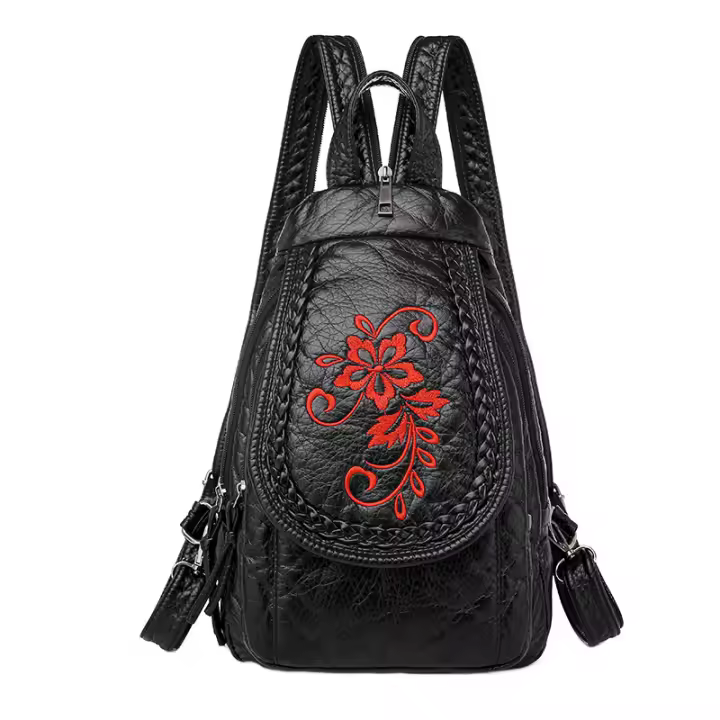 MJ Women PU Leather Backpacks Small Travel Bag Female Soft Leather Bagpack Ladies Embroidery Backpack - 1