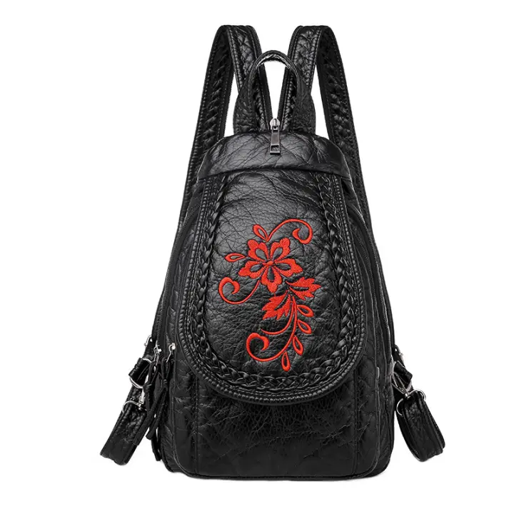 MJ Women PU Leather Backpacks Small Travel Bag Female Soft Leather Bagpack Ladies Embroidery Backpack - 1