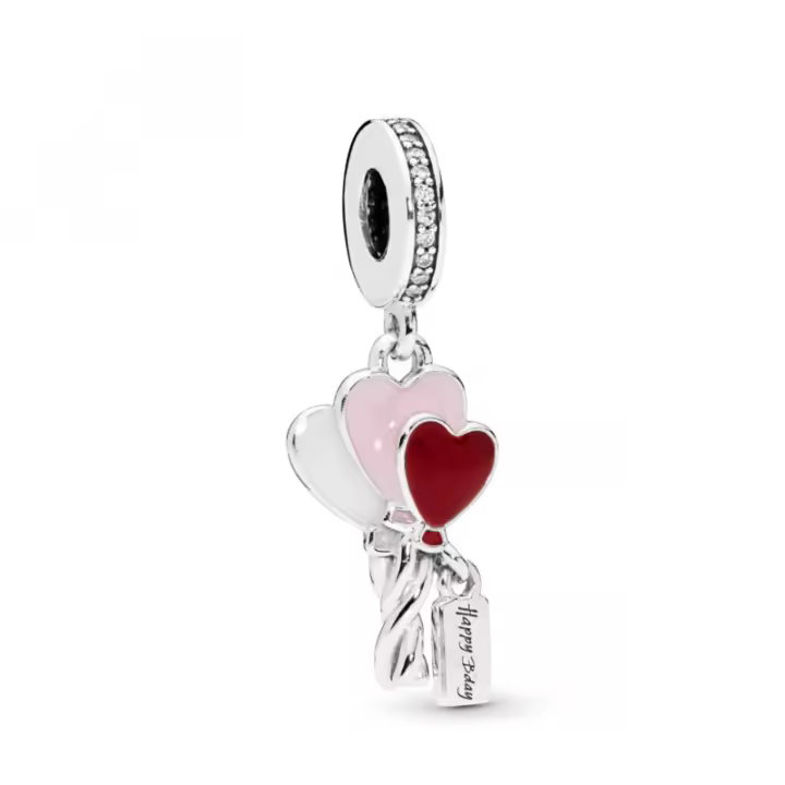 Charm Pandora 798076CZ “Happy Bday“ Plata 925ML Circonitas Transparentes Esmalte Rojo Rosa Plateado Mujer - 1
