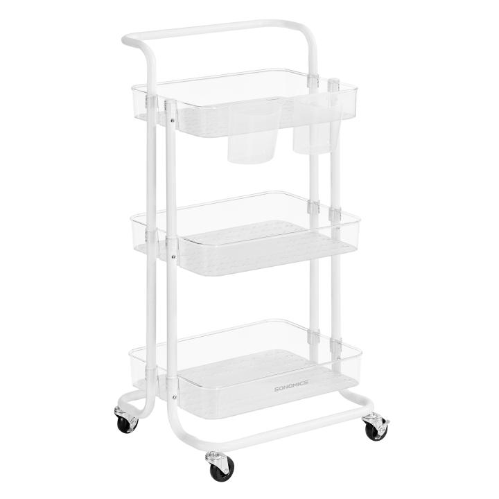 SONGMICS Carro Rodante, Caritro de Almacenamiento de 3 Niveles, con Mango, 2 Organizadores Pequeños, Marco de Acero, Cestas de Plástico, para Dormitorio, Lavadero Baño, Blanco y Transparente