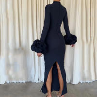 Vestido Largo De Otoño Para Mujer Elegante Con Mangas Largas Y Cuff De Flor Suelto Cuello Redondo Cintura Ajustada Slim Para Noche Y Fiesta Con Abertura - details 6