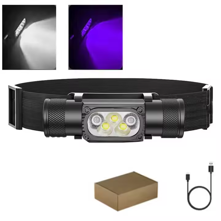 Linterna Frontal LED Mini UV 395nm Luz Blanca Y Morada Recargable 18650 Tipo C Para Camping Cazalampara De Mano Impermeable - 1