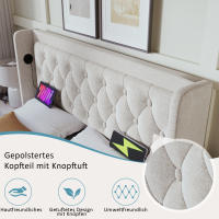 Cama Doble Tapizada en Algodón Beige 180x200 cm | Cama Hidráulica with Espacio de Almacenamiento | Cabecero with Cargas USB Typo-C | Iluminación LED en Tres Lados | Sin Colchón Includo | Diseño Moderno para Habitación principal - details 4