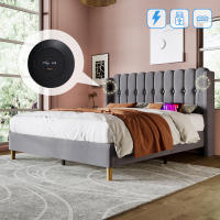 Cama Doble Tapizada 140x200 cm | Carga USB Typo-C Integrada | Robusta Estructura with Somier Metálico | Diseño Juvenil Moderno | Ideal para Dormitorios y Habitaciones de Invitados - details 1