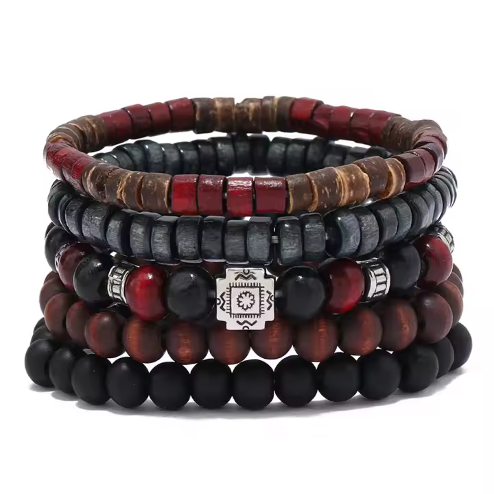 Pulsera De Moda Para Hombres Retro DIY Con Multiple Capas Hilo Elástico Y Bolas De Madera Y Caracol De Coco Para Fechas De Fiesta Regalos - 1