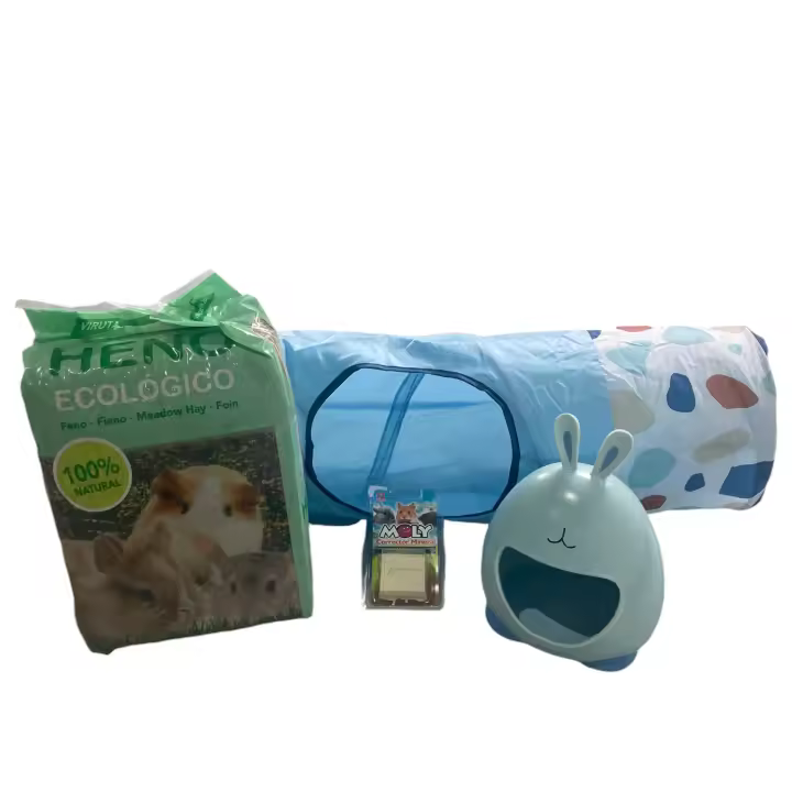 Set Hurones Hamster y Cobayas Heno Ecológico Calcio Corrector Casita de Porcelana y Túnel de juego - 1