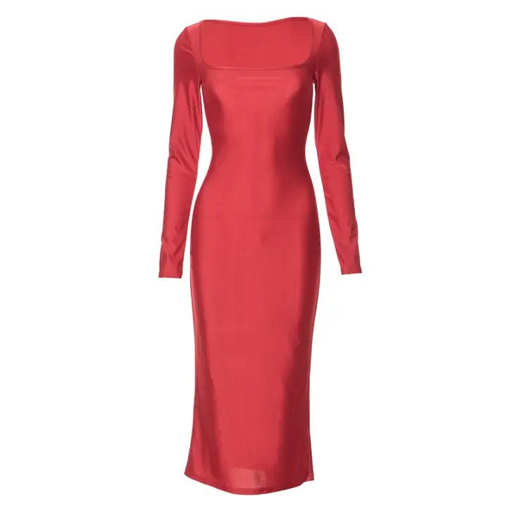 CUTENOVA Vestido Largo Rojo Elegante Para Mujer Con Cuello Cuadrado Y Mangas Largas Vestido De Noche Para Fiesta Casual Polyester Spandex - 1