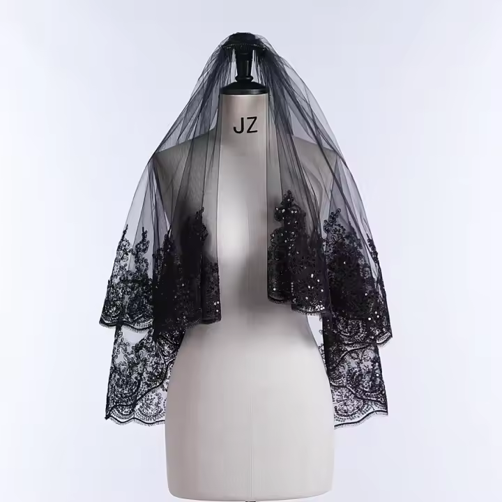 Nueva Llegada Velo De Novia De 2 Capas Borde Aplicado Novia Negra Corto Vela De Boda Lace Bridal Veils Boda 2025 Para Mujeres - 1