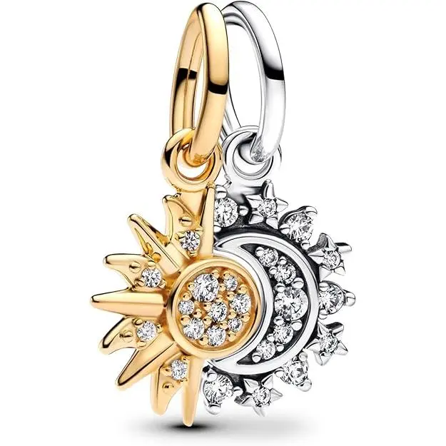 PANDORA Moments - Colgante divisible de sol y luna de plata de ley con aleación de metal chapado en oro y circonitas，Incluye Caja Original - 1