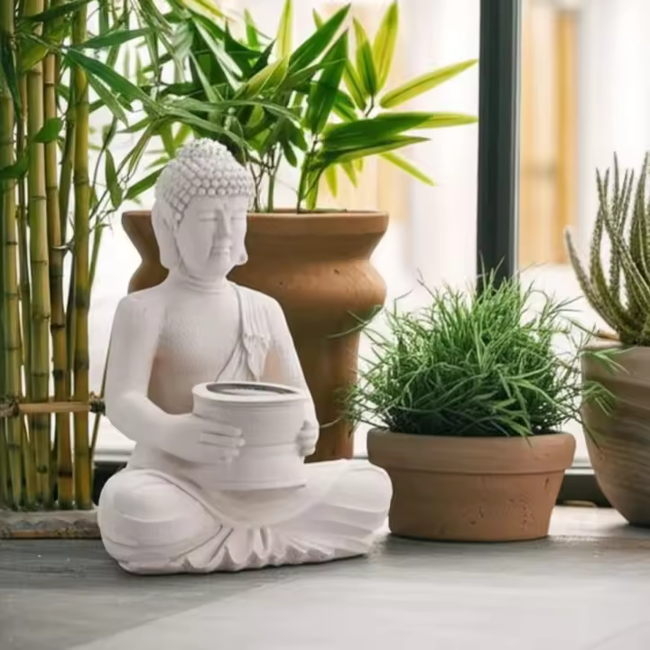 Koopman Figura Buda Luz Solar Polystone Blanca 31x22cm Decoración Jardín Zen - 1