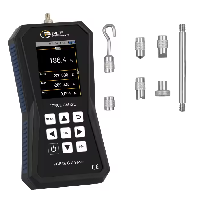 Dinamómetro con célula externa hasta 200 N / Diferentes modos de alarma / Pantalla gráfica / Registro de datos / Incluye software / PCE Instruments - 1