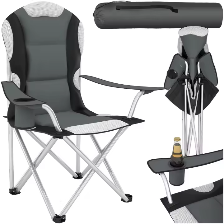 Tectake - Silla de camping acolchada, Para camping, pesca, playa o el jardín de su casa, Reclinése hacia atrás y disfrute de la naturaleza en esta silla plegable, Muy fácil de usar y con plegado rápido, Soporte para bebida o móvil en el reposabrazos - 1
