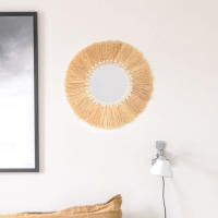 Espejo Decorativo Boho De Madera Con Tejido De Raffia Y Bola De Hilo Pequeña Decoración Para El Hogar Y Sala De Estar Estilo Forestal - details 4