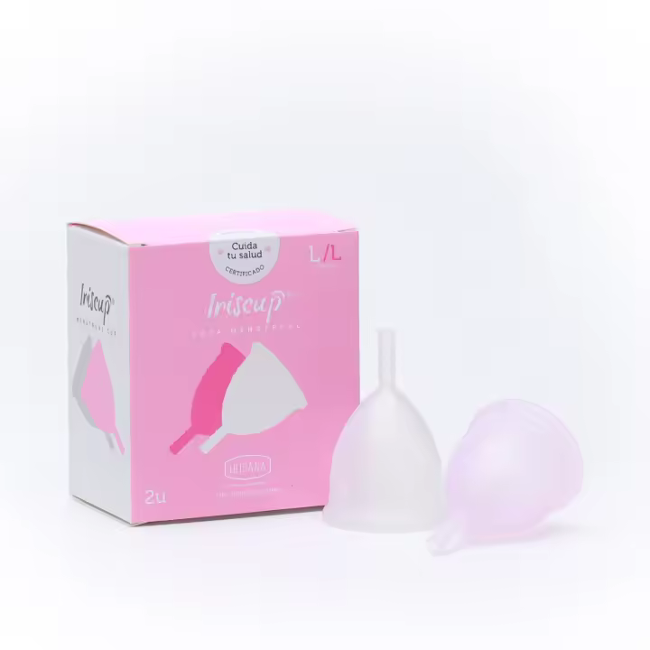 Iriscup Irisana - Copa Menstrual - Pack 2 Unidades - Rosa y Transparente - 9 x 6 x 10 cm - Silicona Platino - Compatible con DIU - Modelo Iriscup - 1
