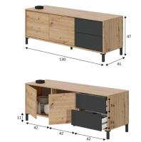 Meimon Mueble TV BROOKLYN 130x41x47 cm, con 2 puertas y 2 cajones, melamina TIPO E1, cantos PVC 0,6 mm, patas ABS negras, apertura “PUSH”, guías metálicas, acabado Roble Nodi y Gris Antracita, peso máx. 40 kg - details 4