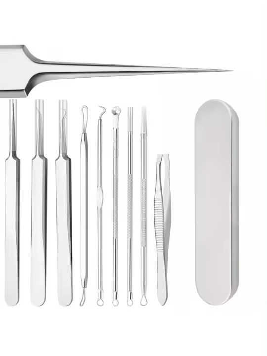 Kit De Herramientas Para Eliminar Quistes Y Puntos Negros 9pcs Herramienta De Extracción De Acné De Acero Inoxidable Para El Rostro - 1
