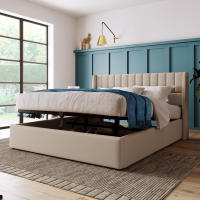 Cama de almacenamiento Cama tapizada Cama Doble hidráulica 140x200cm, colchón de látex, colchón de Muelles, somier de lámparas de Madera, somier de Estructura metálica, ropa de Cama, beige (con colchón) - details 5