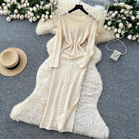 Vestido Largo Vintage De Cintura Alta REALEFT Para Mujer Con Cuello Redondo Manga Larga Y Abertura Lateral Vestido De Encaje Tricotado - details 24