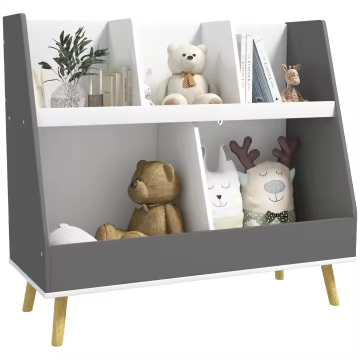 HOMCOM Estantería para Juguetes para Niños Organizador Infantil de 2 Niveles con 5 Compartimentos y Patas de Madera de Pino para Guardería Sala de Juegos 80x34x72,5 cm Gris y Blanco - 1