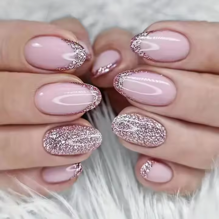 24Pcs Uñas Postizas Cortas Glitónas Estilo Francés Cabeza Redonda Cubiertas Completas Para Mujeres Uñas Press on Almendra - 1