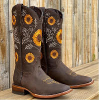 Botas De Cuero Marrón Para Mujer Invierno Moda Comodidad Exterior Bordado Botines Altura Media Casual Zapatos De Tacón Bajo Redonda - details 3