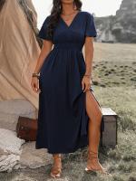 Vestido Casual De Verano Para Mujer 2024 AliExpress Con Cuello En V Manga Corta Y Abertura Midi De Poliéster Estilo Europeo Y Americano - details 19