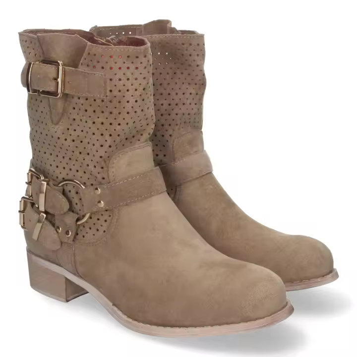 PuntoSalao Botines de tacón bajo calados estilo motero mujer color caqui L1002 - 1