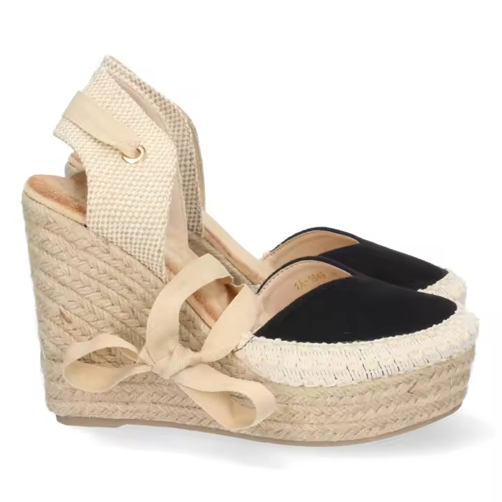 PuntoSalao Sandalias alpargatas de cuña alta yute pala crochet mujer negro - 1