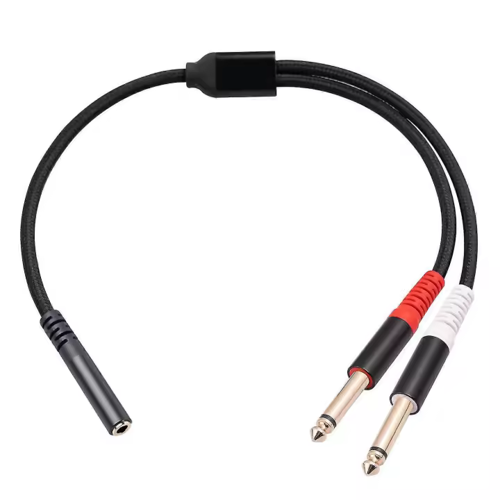 Cable adaptador de audio 3717 de 0,3 m, conector hembra de 3,5 mm a 2 conectores macho mono TS de 6,35 mm y 1/4 de pulgada - 1