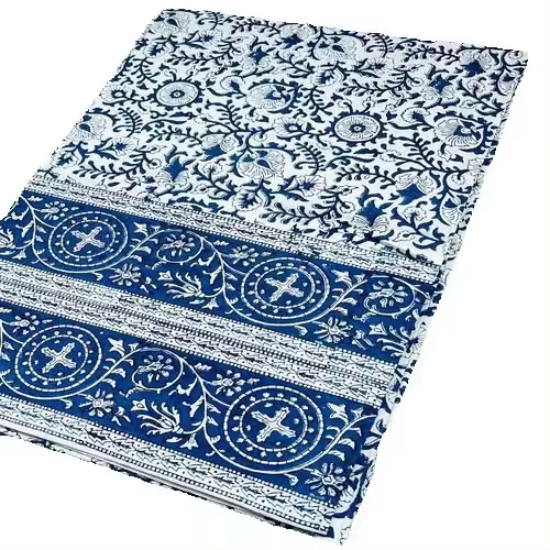 Mantel artesanal block print de 100% algodón azul 140 x 220 cm - Hecho a mano en India - Estilo bohemio  de la marca Origen - 1