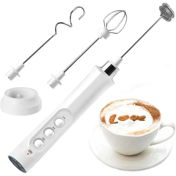 Espumador de Leche Eléctrico de Mano Moderno con 3 Velocidades, Incluye 3 Cabezales, Mini Batidora Blanca Recargable Para Espumar Café, Batir Ojos y Mezclar - 1