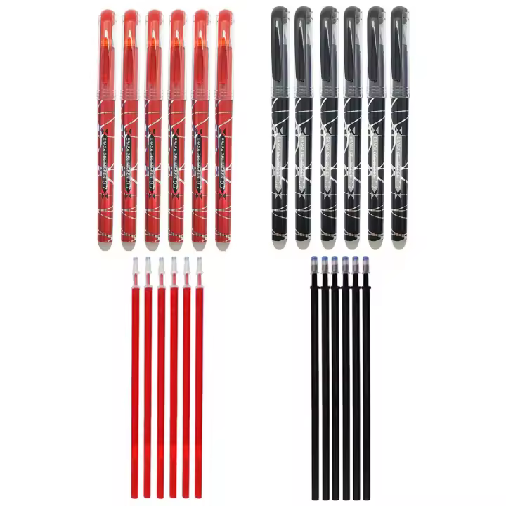 RHardware 12 bolígrafos de tinta roja, negra, borrable de 0,7mm y 12 recambio de gel de bolígrafos - 1