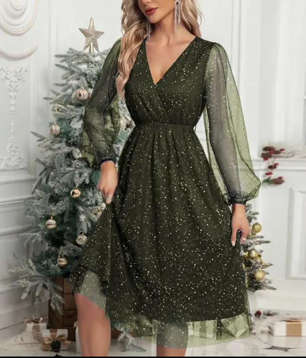 Vestido Elegante De Mujer Con Cuello En V Y Ajuste Slim En Color Sólido Con Patchwork De Malla Y Perspectiva Para Oficina - 1