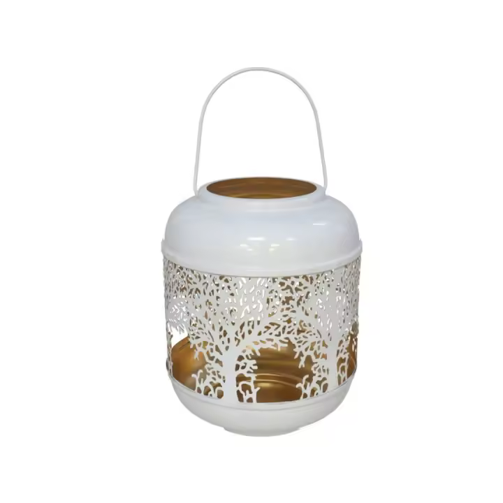 Gissed - Farol Decorativo de Metal Blanco con Diseño Calado de Árboles, Ideal para Iluminación Ambiental en Hogar, Terraza o Jardín, Estilo Elegante y Moderno, Asa para Colgar o Colocar en Superficie, Interior Dorado para un Brillo Sofisticado . - 1