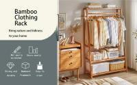 Perchero Burro de Bambú, Armario Abierto Madera Perchero de Pie con 3 Estantes y 10 Ganchos para Ropa Zapatos Bolsas Canastas Burro Ropa Multifuncional para Dormitorio Salón 80 x 44 x 165cm - details 0