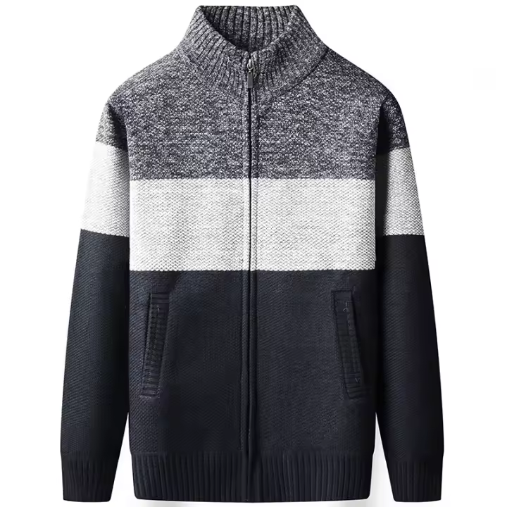 Chaqueta De Punto Gruesa Para Hombre Con Cuello Alto En Velours Estilo Casual Cierre De Cremallera Patchwork Invierno Suave Y Cálida - 1