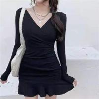 Vestido Mini Elegante De Mujer En Negro Con Cuello V Manga Larga Volantes Y Ajustado Estilo Y2k Para Otoño Ropa Moda - details 7