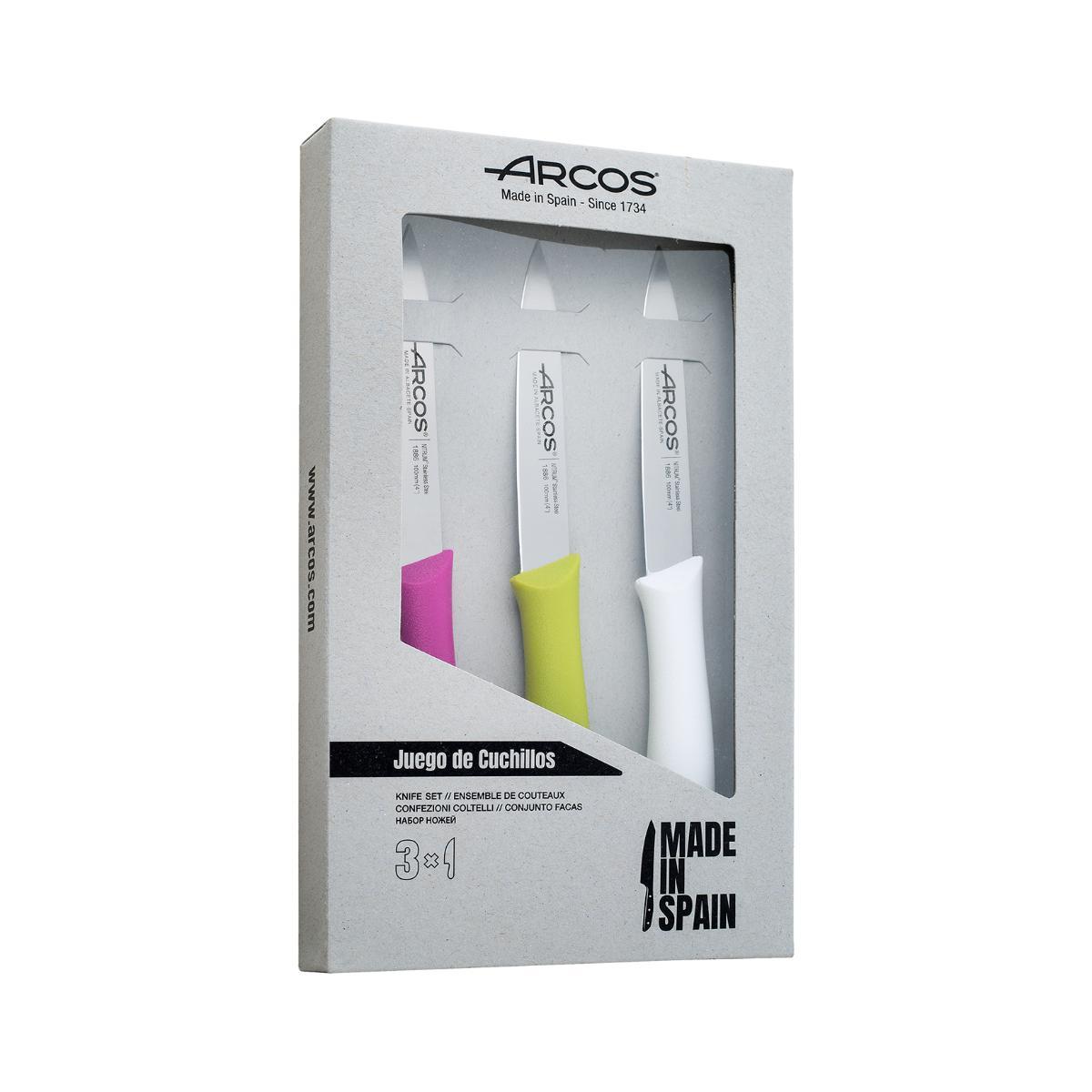 Arcos | Set 3 Cuchillos Mondadores | Cuchillos Arcos | cuchillo de pelar | cuchillos pelar patatas | Acero Inoxidable Nitrum | Hoja de 100 mm | Envase Ecológico | Multicolor
